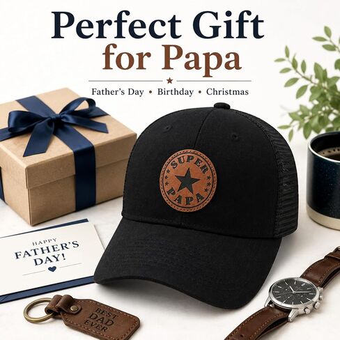 World's Best Dad & Super Papa Trucker Hat, Leather Patch Baseball Cap, for Dad Husband Grandpa in Saudi Arabia