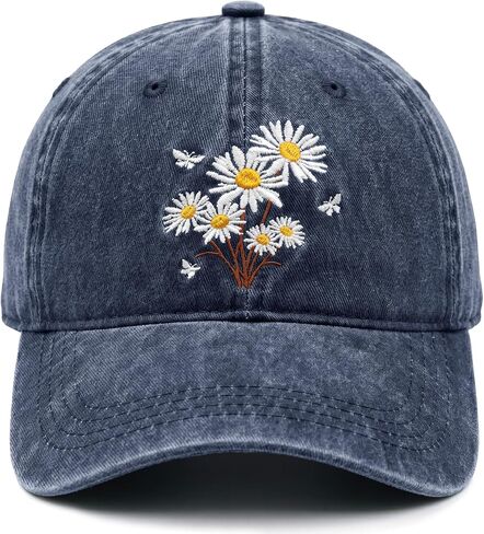 Embroidered Daisy Baseball Cap for Women Flower Floral Embroidery Hats Vintage Distressed Adjustable Caps in Saudi Arabia