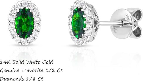 14K White Gold Genuine Tsavorite 1/2 Ct Oval Stud Earrings with Diamonds Halo in Kuwait