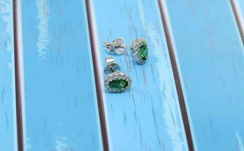 14K White Gold Genuine Tsavorite 1/2 Ct Oval Stud Earrings with Diamonds Halo in Kuwait