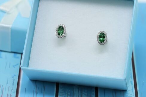 14K White Gold Genuine Tsavorite 1/2 Ct Oval Stud Earrings with Diamonds Halo in Kuwait