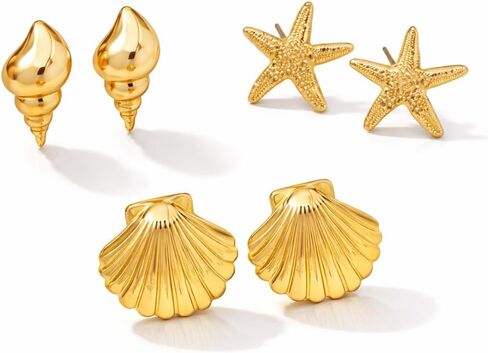 3 Pairs Beach Earrings for Women – 14K Gold Starfish, Conch, and Seashell Stud Earrings Set, Ocean Jewelry, Summer Beach Accessories, Statement Earrings for Parties and Vacations in Kuwait