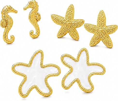 3 Pairs Beach Earrings for Women – 14K Gold Starfish, Conch, and Seashell Stud Earrings Set, Ocean Jewelry, Summer Beach Accessories, Statement Earrings for Parties and Vacations in Kuwait