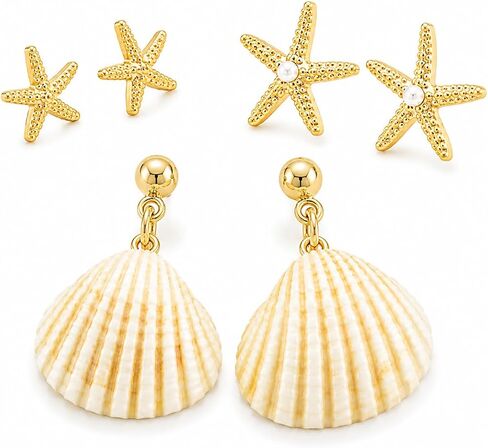 3 Pairs Beach Earrings for Women – 14K Gold Starfish, Conch, and Seashell Stud Earrings Set, Ocean Jewelry, Summer Beach Accessories, Statement Earrings for Parties and Vacations in Kuwait