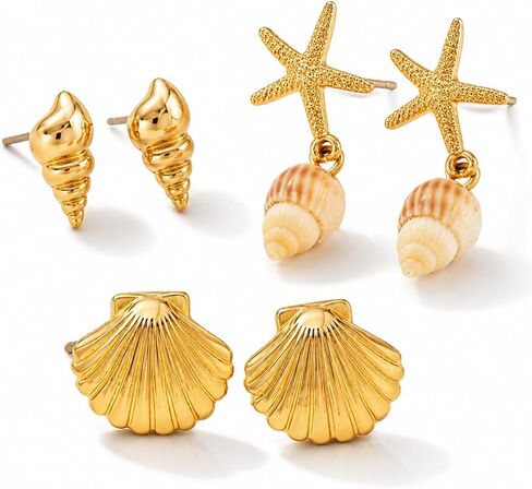 3 Pairs Beach Earrings for Women – 14K Gold Starfish, Conch, and Seashell Stud Earrings Set, Ocean Jewelry, Summer Beach Accessories, Statement Earrings for Parties and Vacations in Kuwait