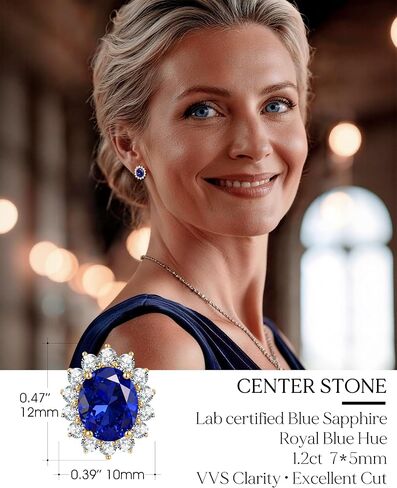 GONA Certified 2.4 Cttw Lab Grown Royal Blue Sapphire Earrings, Hypoallergenic Adjustable Studs, 925 Sterling Silver 14K Gold Plated, GRC Certified Eco-Friendly Fine Jewelry for Mother's Day in Saudi Arabia