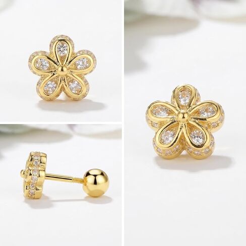 14K Gold Plated Nature Stud Earrings for Women Sterling Silver Hypoallergenic Cubic Zirconia Flower Butterfly Design 4mm Screw Back Minimalist Everyday Jewelry Gift in Kuwait