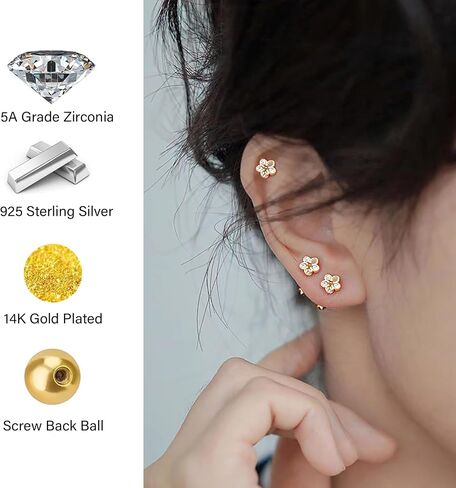 14K Gold Plated Nature Stud Earrings for Women Sterling Silver Hypoallergenic Cubic Zirconia Flower Butterfly Design 4mm Screw Back Minimalist Everyday Jewelry Gift in Kuwait