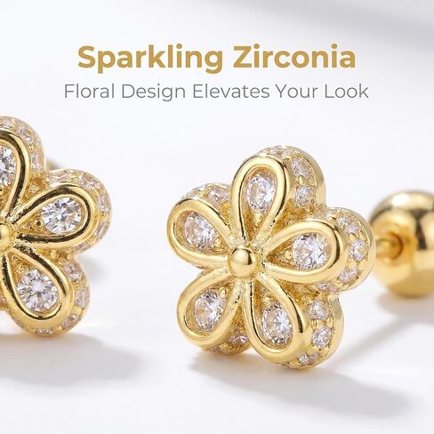 14K Gold Plated Nature Stud Earrings for Women Sterling Silver Hypoallergenic Cubic Zirconia Flower Butterfly Design 4mm Screw Back Minimalist Everyday Jewelry Gift in Kuwait