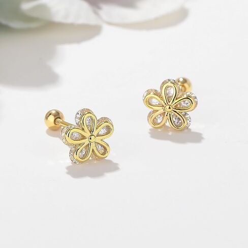 14K Gold Plated Nature Stud Earrings for Women Sterling Silver Hypoallergenic Cubic Zirconia Flower Butterfly Design 4mm Screw Back Minimalist Everyday Jewelry Gift in Kuwait