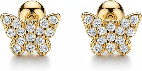 14K Gold Plated Nature Stud Earrings for Women Sterling Silver Hypoallergenic Cubic Zirconia Flower Butterfly Design 4mm Screw Back Minimalist Everyday Jewelry Gift in Saudi Arabia