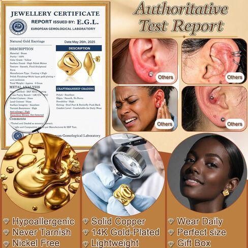 Musment® Gold Earrings for Women, 14K Gold Plated Chunky Stud Earrings, Lightweight Hypoallergenic Statement Earrings for Sensitive Ears, Daily Wear, Trendy Jewelry Gift Box in Saudi Arabia