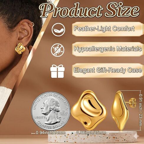 Musment® Gold Earrings for Women, 14K Gold Plated Chunky Stud Earrings, Lightweight Hypoallergenic Statement Earrings for Sensitive Ears, Daily Wear, Trendy Jewelry Gift Box in Saudi Arabia