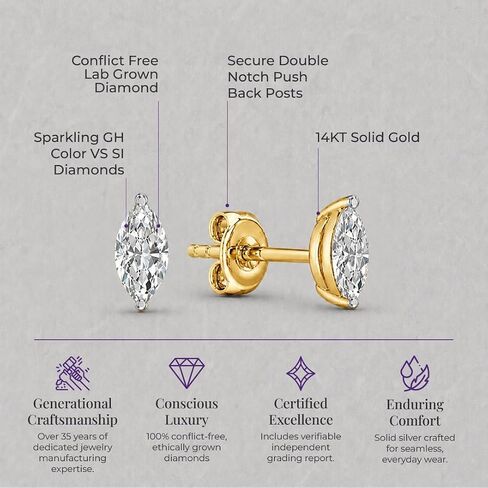 Diamond Stud Earrings for Women | 1/4-5 CTTW Certified Lab Grown Diamond Studs | 14K Solid White or Yellow Gold | Variety of Shapes to Choose From | Certified by Gemologists in Kuwait