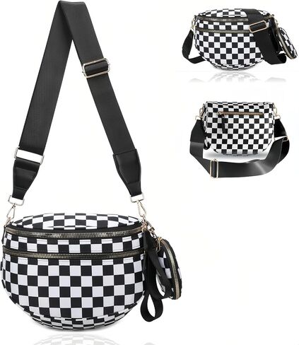 Checkered Crossbody Bum Bags for Women, Nylon Sling Bags with Shoulder Strap, Large Capacity Checkered Purse Bag in Saudi Arabia