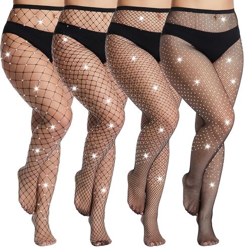 4 Pairs Women's Plus Size Fishnet Tights Sparkly Rhinestone High Waist Stocking Pantyhose Party Concert Stockings in Kuwait