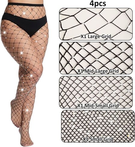 4 Pairs Women's Plus Size Fishnet Tights Sparkly Rhinestone High Waist Stocking Pantyhose Party Concert Stockings in Kuwait