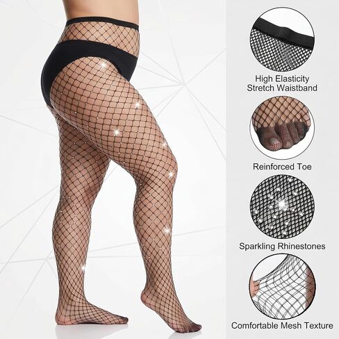4 Pairs Women's Plus Size Fishnet Tights Sparkly Rhinestone High Waist Stocking Pantyhose Party Concert Stockings in Kuwait