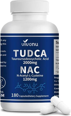 كبسولات مجمعة للمكملات الغذائية فيفونو تودكا 2000 ملغ + NAC 1200 ملغ، ملح TUDCA القوي + N أسيتيل سيستين، مكملات مضادة للأكسدة لتنظيف الكبد والرئة والمرارة والهضم - 180 كبسولة in Kuwait