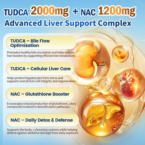 كبسولات مجمعة للمكملات الغذائية فيفونو تودكا 2000 ملغ + NAC 1200 ملغ، ملح TUDCA القوي + N أسيتيل سيستين، مكملات مضادة للأكسدة لتنظيف الكبد والرئة والمرارة والهضم - 180 كبسولة in Kuwait