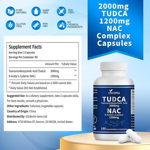 كبسولات مجمعة للمكملات الغذائية فيفونو تودكا 2000 ملغ + NAC 1200 ملغ، ملح TUDCA القوي + N أسيتيل سيستين، مكملات مضادة للأكسدة لتنظيف الكبد والرئة والمرارة والهضم - 180 كبسولة in Kuwait