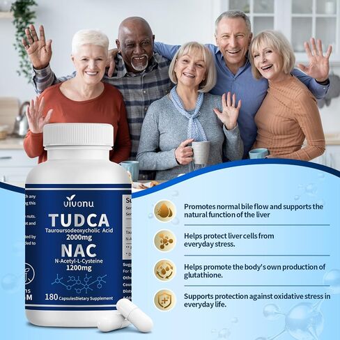 كبسولات مجمعة للمكملات الغذائية فيفونو تودكا 2000 ملغ + NAC 1200 ملغ، ملح TUDCA القوي + N أسيتيل سيستين، مكملات مضادة للأكسدة لتنظيف الكبد والرئة والمرارة والهضم - 180 كبسولة in Kuwait