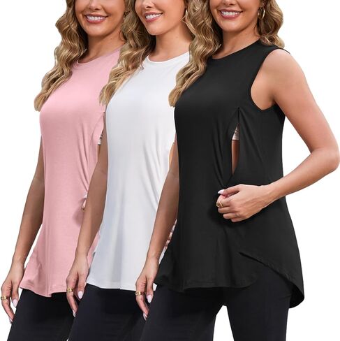 GINKANA 3 Pack Sleeveless Maternity Nursing Tops & Tees Hidden Zippers Breastfeeding Tank Top Summer Loose Fit Nursing Blouse in Kuwait