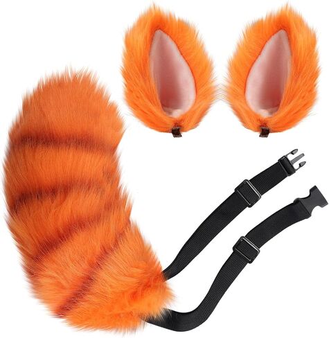 Roicaholy Red Panda Ears and Tail Set, Red Panda Costume Cosplay Accessory, Faux Fur Tail Animal Ears Hair Clip for Halloween in Saudi Arabia