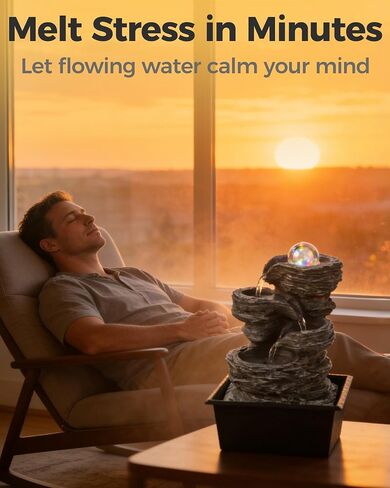 Tabletop Water Fountain with LED Lights & Rolling Bubble Ball, Indoor Waterfall Fountains for Home Office Zen Meditation Decor, Best Home Gifts for Friends or Family in Saudi Arabia