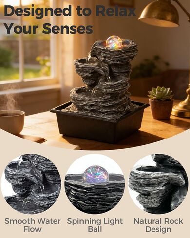Tabletop Water Fountain with LED Lights & Rolling Bubble Ball, Indoor Waterfall Fountains for Home Office Zen Meditation Decor, Best Home Gifts for Friends or Family in Saudi Arabia