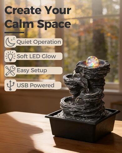 Tabletop Water Fountain with LED Lights & Rolling Bubble Ball, Indoor Waterfall Fountains for Home Office Zen Meditation Decor, Best Home Gifts for Friends or Family in Saudi Arabia
