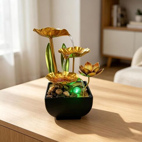 Tabletop Fountain, Indoor Waterfall Fountain, Home Décor Zen Relaxation Soothing Sound Machine for Office, Living Room, or Bedroom, Metal Lotus with Flower, River Rocks, LED (Blue Green) in Saudi Arabia