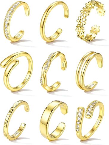 FASACCO خواتم اصبع القدم للنساء 14K الذهب شغل خواتم اصبع القدم غير تشويه قابل للتعديل حلقات الفرقة المفتوحة الفضة مطلي اصبع القدم الدائري مقاوم للماء الصيف الشاطئ مجوهرات القدم 9 قطع in Kuwait