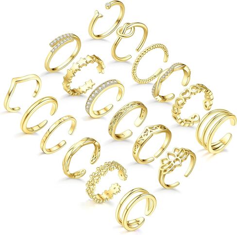 18PCS Toe Rings for Women Non Tarnish Gold/Silver Rings Open Flower CZ Band Toe Ring Set Adjustable Ring Summer Beach Foot Jewelry Gifts in Kuwait