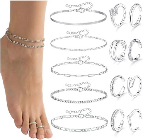 CASDAN 13Pcs Toe Rings and Ankle Bracelets for Women Silver Gold Layered Anklets Chain Adjustable Open Tail Toe Ring Beach Foot Jewelry for Summer in Saudi Arabia