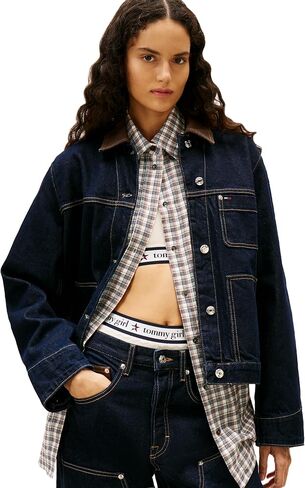 Tommy Jeans Women's Lightweight Oversized Denim Chore Jacket With Contrast Collar in Kuwait