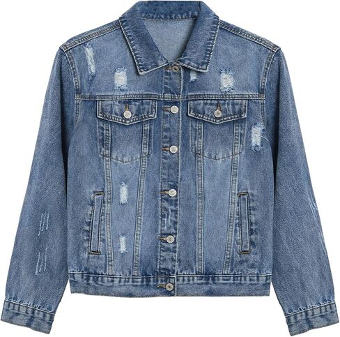 LifeShe Distressed Jean Jacket Women Basic Ripped Denim Jacket Fall Boyfriend Shacket 2026 Trendy in Kuwait