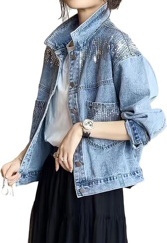 Women's Sequin Denim Jacket, Long Sleeve Button Down Sparkly Jean Jacket with Pockets for Casual Wear in Saudi Arabia
