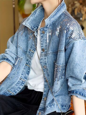 Women's Sequin Denim Jacket, Long Sleeve Button Down Sparkly Jean Jacket with Pockets for Casual Wear in Saudi Arabia