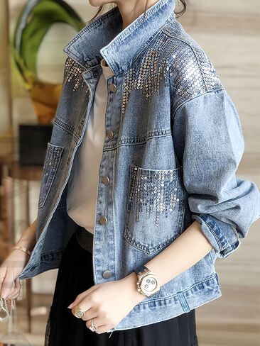 Women's Sequin Denim Jacket, Long Sleeve Button Down Sparkly Jean Jacket with Pockets for Casual Wear in Saudi Arabia