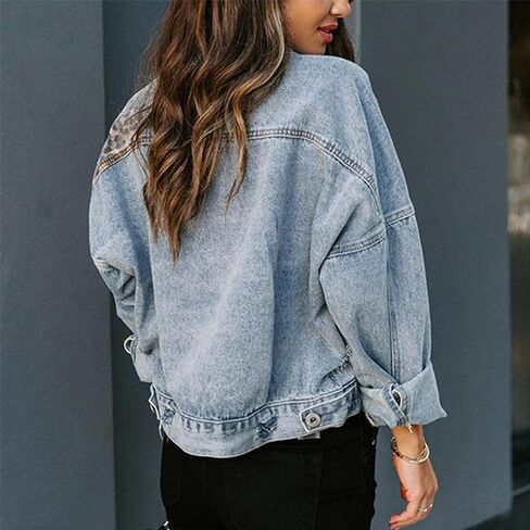Women Leopard Denim Jacket Long Sleeve Ripped Jean Coat Cheetah Print Cropped Jacket in Kuwait