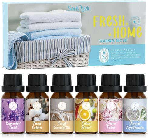 Clean Essential Oils Set, SoulOrigin Fragrance Oil Gift Set for Oil Diffusers, Scented Oils 6x10ml - Beach Sage Laundry Detergent, Citrus Burst, Lavender Fields, Fresh Linen, Warm Petals, Fresh Cotton in Saudi Arabia
