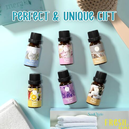 Clean Essential Oils Set, SoulOrigin Fragrance Oil Gift Set for Oil Diffusers, Scented Oils 6x10ml - Beach Sage Laundry Detergent, Citrus Burst, Lavender Fields, Fresh Linen, Warm Petals, Fresh Cotton in Saudi Arabia