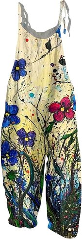 NAMTYQX Women Linen Overalls Summer Casual Floral Printed Loose Fit Jumpsuits Boho Cute Wide Leg Rompers Pants with Pockets in Saudi Arabia
