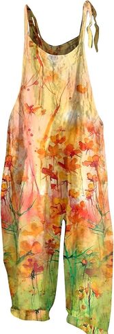 NAMTYQX Women Linen Overalls Summer Casual Floral Printed Loose Fit Jumpsuits Boho Cute Wide Leg Rompers Pants with Pockets in Saudi Arabia
