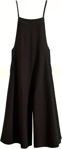 Women's Solid Sleeveless Wide Leg Jumpsuit Loose Fit Spaghetti Strap Casual Overalls with Pockets in Kuwait