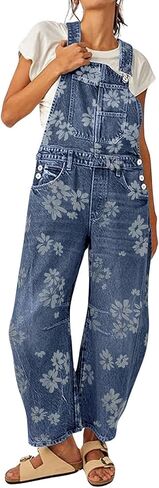 yoeasy Womens Denim Bib Overalls Floral Print Barrel Wide Leg Baggy Adjustable Strap Y2k Denim Pants Jumpsuits in Kuwait