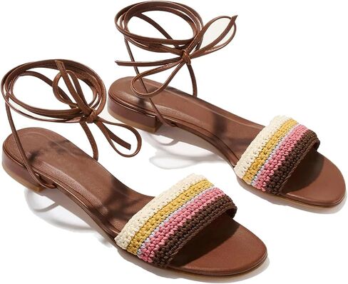 Strappy Flats Sandals for Women Summer Gladiator Lace Up Flat Sandals Open Square Toe Casual Beach Slides Sandals in Saudi Arabia