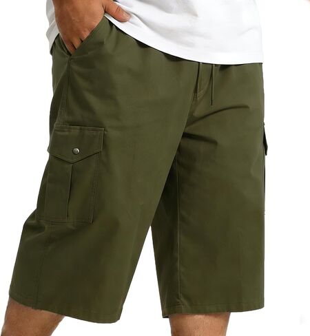 Big and Tall Men's 3/4 Length Cargo Shorts Elastic Waist Drawstring Capri Below Knee Long Shorts with Multi Pockets in Saudi Arabia