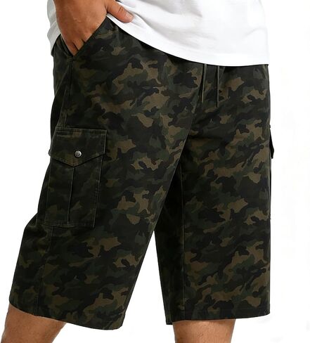 Big and Tall Men's 3/4 Length Cargo Shorts Elastic Waist Drawstring Capri Below Knee Long Shorts with Multi Pockets in Saudi Arabia